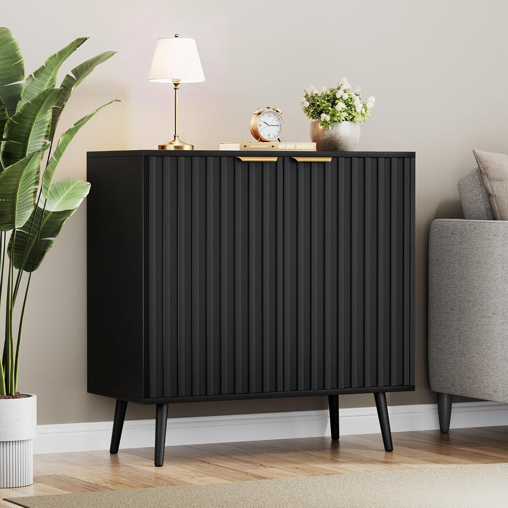 Black Fluted Buffet Cabinet, Free Standing Sideboard with Storage, Wood Accen...