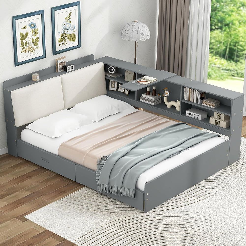 Peanu Full Bed Frame, Storage Headboard, Gray Upholstered Wood