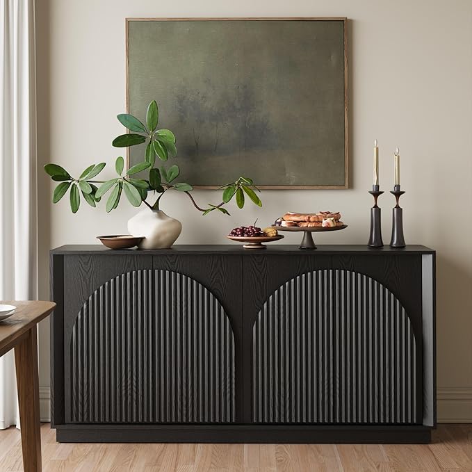 WIN2WIN 65" Fluted Sideboard Buffet Cabinet with Storage, Modern Credenza with Double-Layered Arch Doors, Wood TV Media Console Table Accent Cabinet for Living Room Dining Room Hallway Entryway, Black