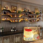 31.5"Modern LED Wine Rack Wall Mounted,3-Tier Floating Bar Shelves | Large Hanging Liquor Shelf Wall Mounted with Wine Glass Rack,DIY Modular WaveDesign,Black Metal for Home Bar Dining Room Cafe