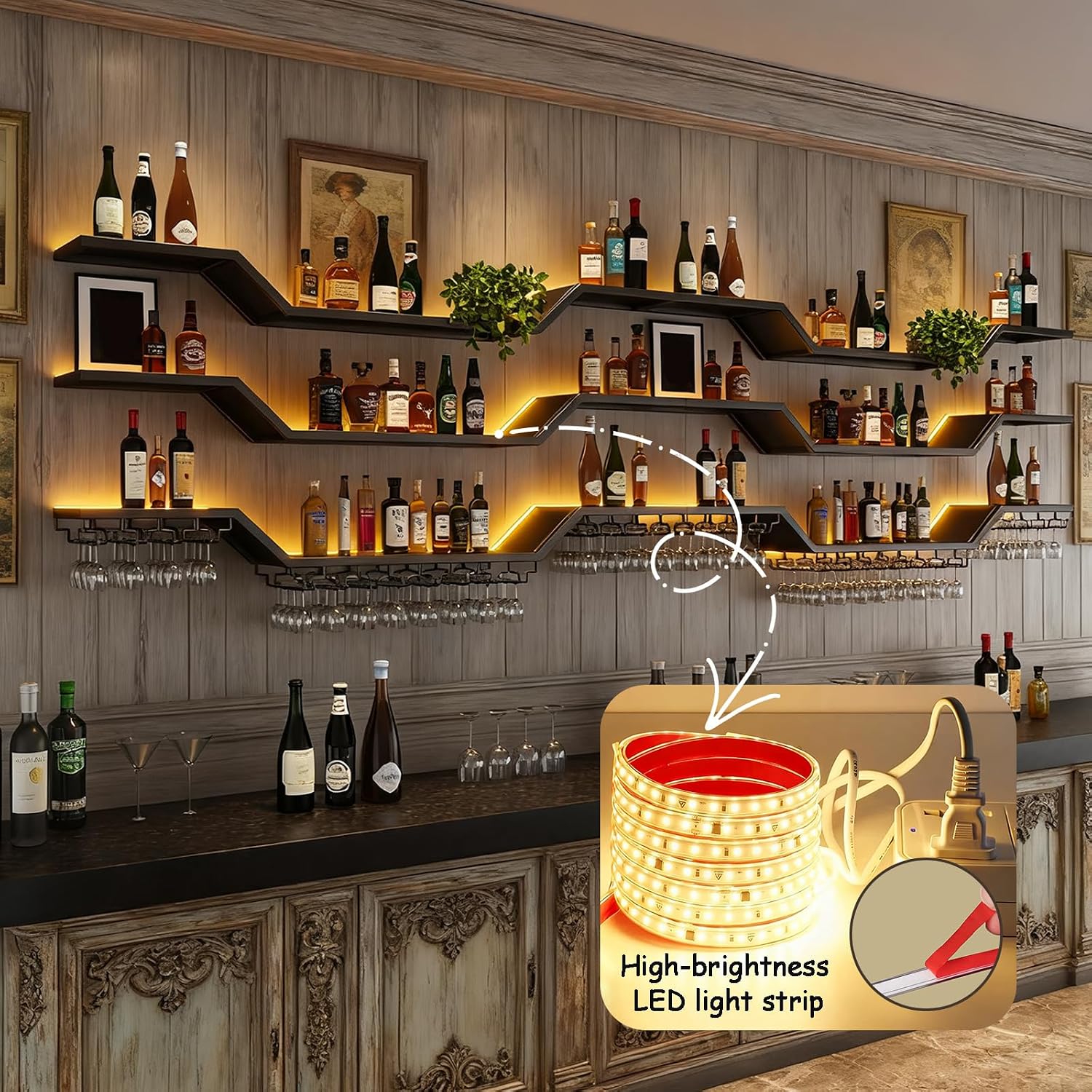 31.5"Modern LED Wine Rack Wall Mounted,3-Tier Floating Bar Shelves | Large Hanging Liquor Shelf Wall Mounted with Wine Glass Rack,DIY Modular WaveDesign,Black Metal for Home Bar Dining Room Cafe