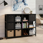 12 Cube Storage Organizer Bookshelf, Industrial Horizontal Bookcase, Accent Cubby Shelf, Media Console Table for Living Room, Home Office, 11.8" D x 47.6" W x 38.2" H, Black