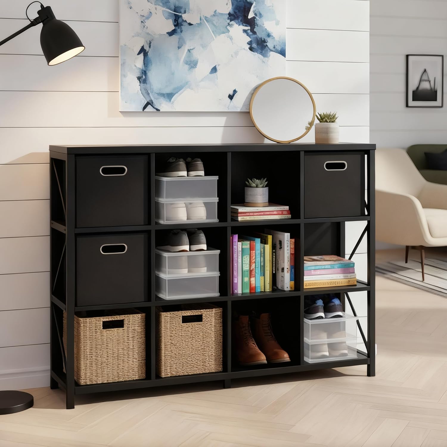 12 Cube Storage Organizer Bookshelf, Industrial Horizontal Bookcase, Accent Cubby Shelf, Media Console Table for Living Room, Home Office, 11.8" D x 47.6" W x 38.2" H, Black
