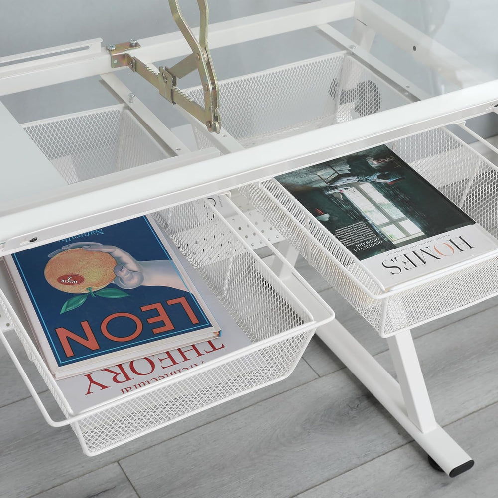 White Hand Crank Adjustable Tempered Glass Drafting Table with Chair and Stor...