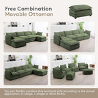 ROWHY 148'' Sectional Cloud Couch with 2 Ottomans, Oversized 4 Seat Sleeper Sofa with 2 Throw Pillows, Convertible Upholstered U Shaped Cozy Sofa Furniture Set for Living Room and Office, Green