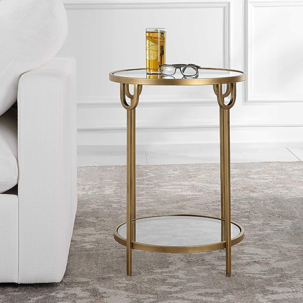Two Tier Round Accent Table Antique Gold Iron Frame Mirrored Top Tempered Gla...