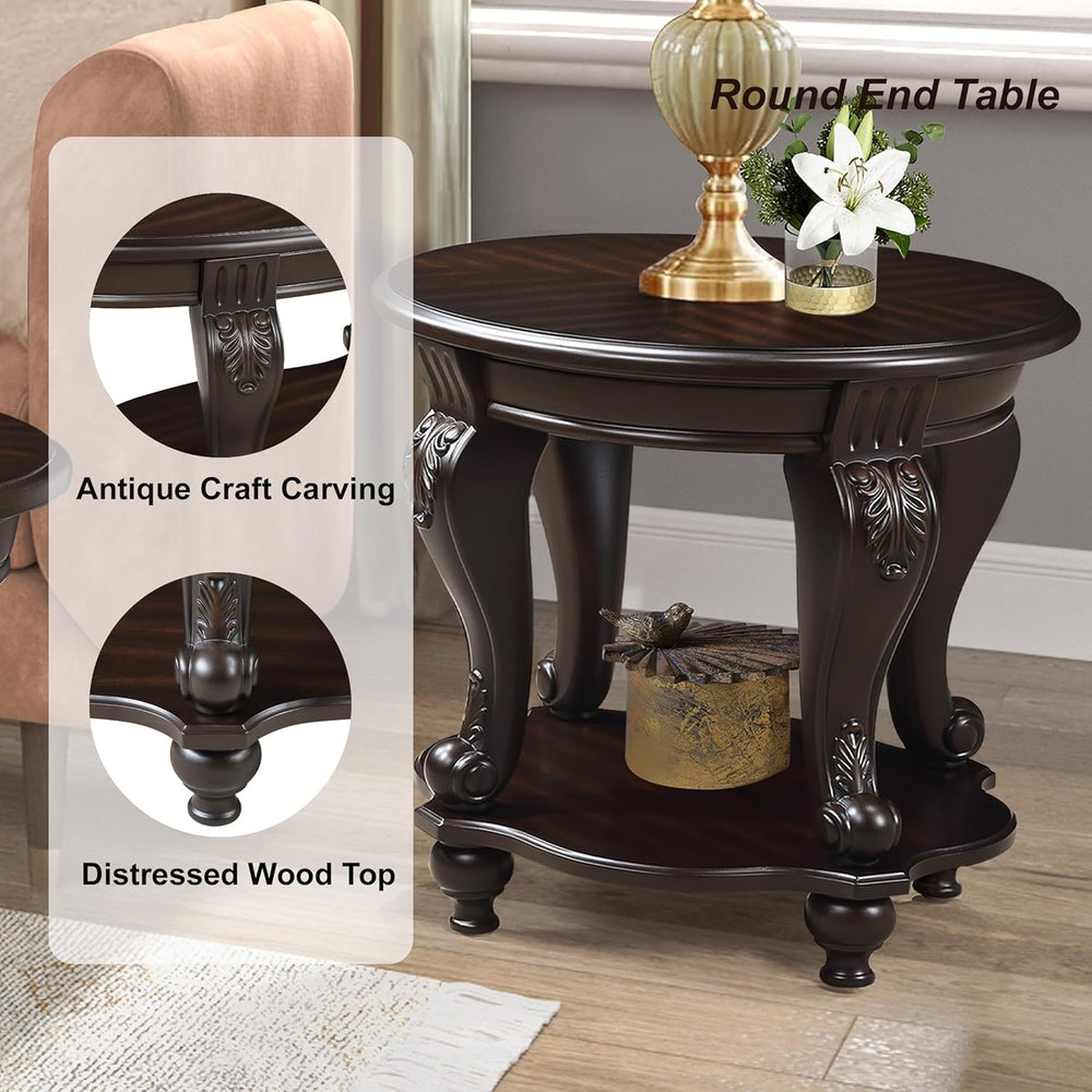 Round End Table for Living Room, Solid Wood Sofa Side Table with Shelf, Retro...