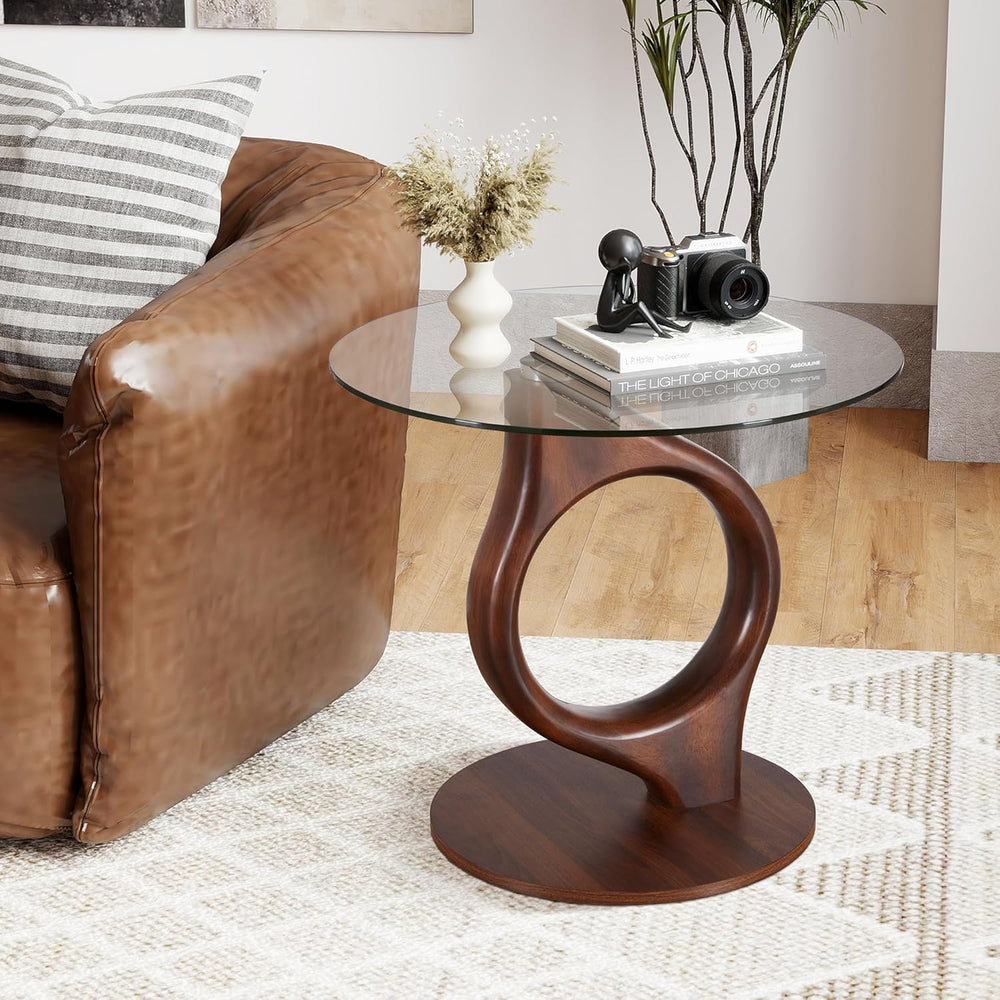 27.5” Large Glass End Table, Round Side Tables with Tempered Glass Tabletop, ...