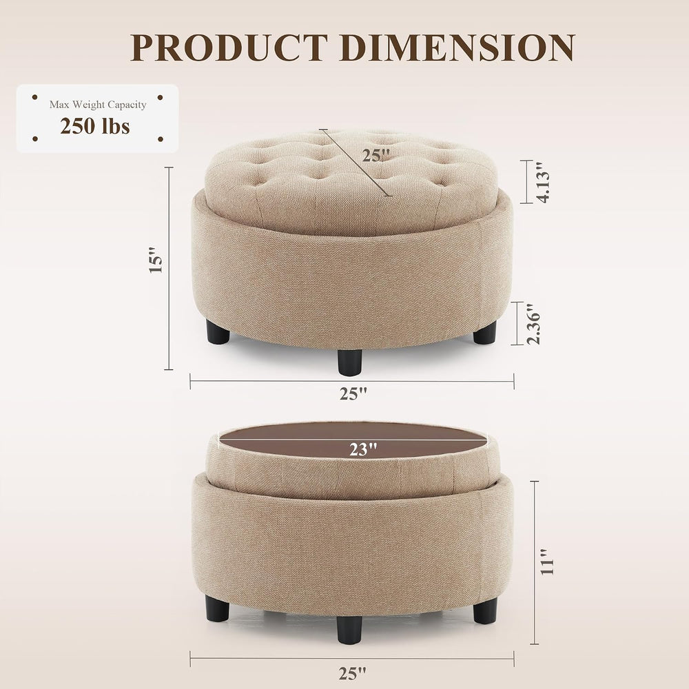 COLAMY Fabric Round Storage Ottoman with Reversible Tray Lid – Multi-Function...