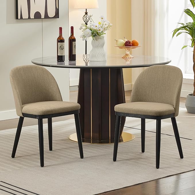 Wooden Dining Chairs Set of 2,Upholstered Kitchen Dining Room Chairs with Curved Backrest and Wood Leg,Modern Fabric Farmhouse Dinner Chair for Restaurant/Cafe,Camel