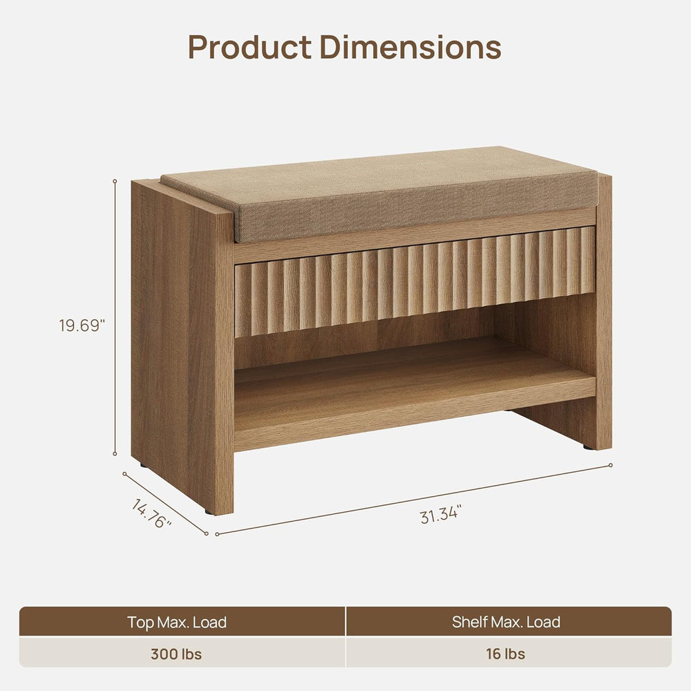 SICOTAS Fluted Shoe Bench with Cushion & Drawer for Entryway, Caramel Oak...