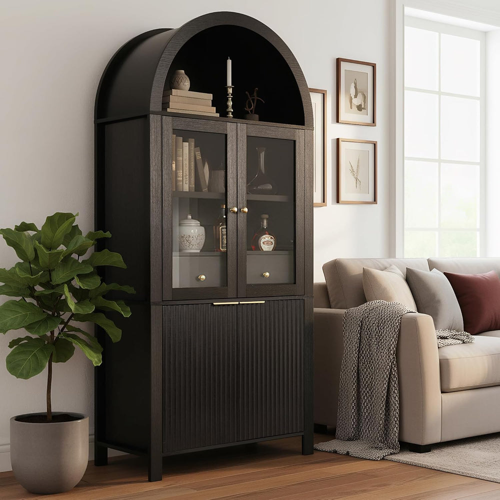 71" Fluted Arched Glass Door Cabinet, Tall Display Cabinet with Adjustab...