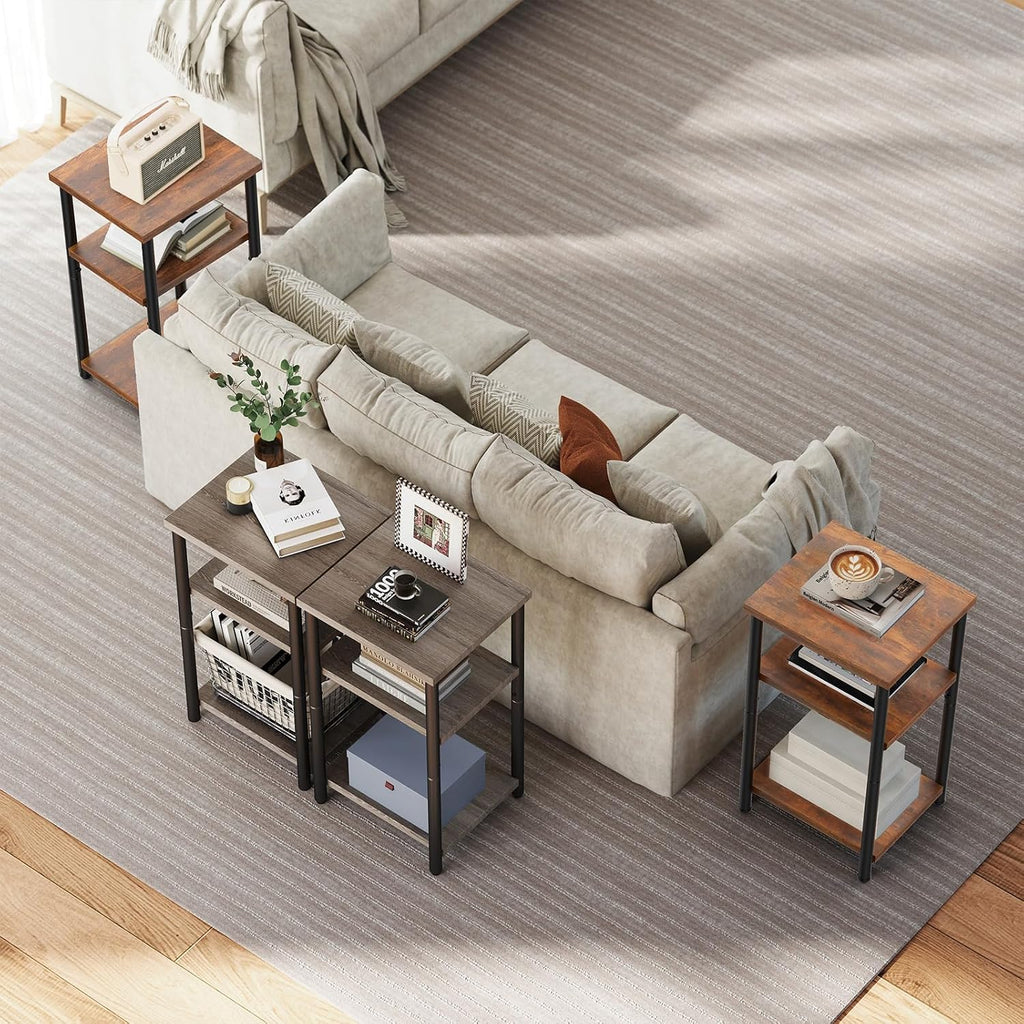 OLIXIS 3-Tier Small Side Table for Small Spaces, Bedroom Nightstand | 23'' Tall Bedside Table with Open Shelf and Adjustable Feet for Living Room, Bedroom, Office, Dorm, Walnut Brown