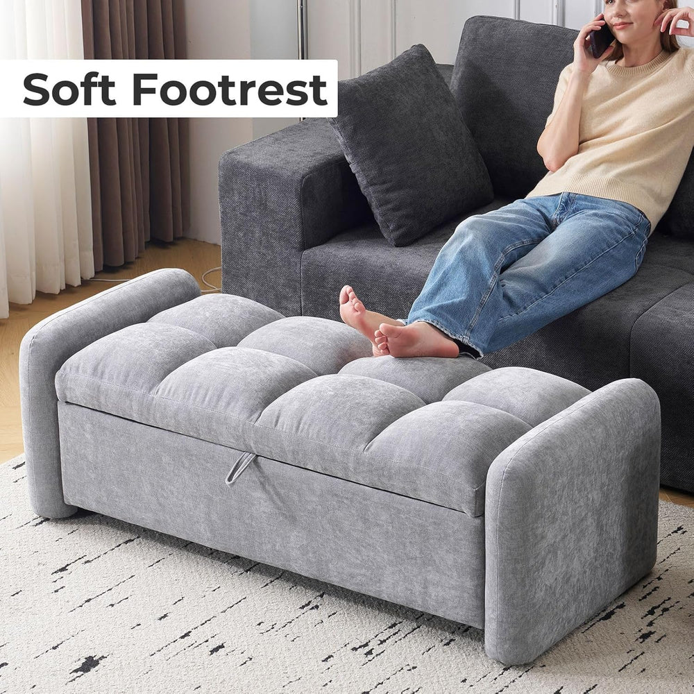 Oversized Chenille Ottoman Bench with Storage, Upholstered End of Bed Bench f...