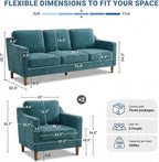 Kingfun Living Room Furniture Sets, 3 Seater Couch and 2 Armchair, Mid Century Modern Sofa Set, Chenille Couch with Solid Wood Frame for Living Room & Bedroom, Water Green
