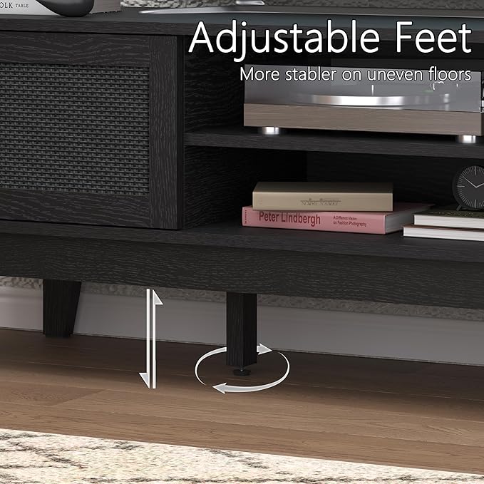 Boho TV Stand for 55 65 Inch TV, Rattan Entertainment Center with Shelves, Cabinets and Sliding Doors, TV Media Console Table with Solid Wood Feet & Cord Holes for Living Room, Bedroom, Black