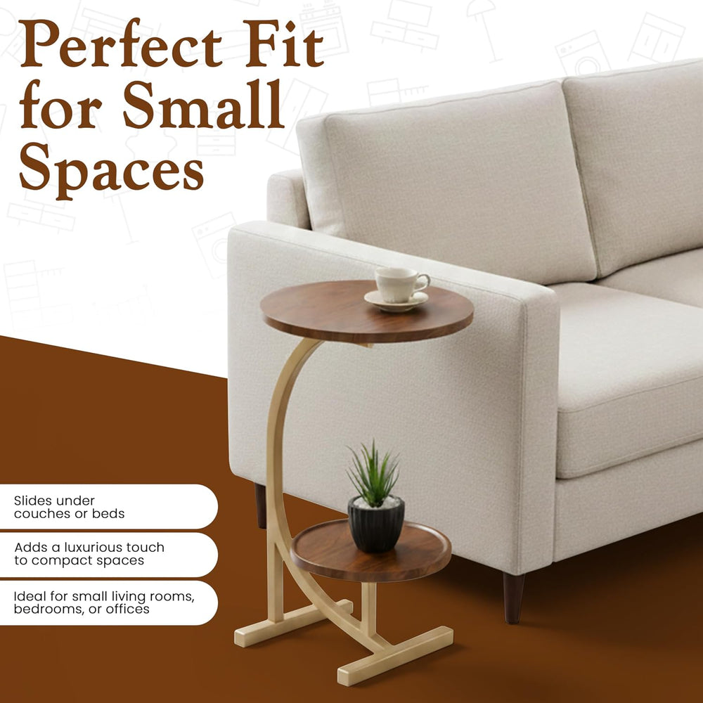 Kings Brand C-Shaped Side Table with 2-Tier Storage Shelf – Modern Round Wood...