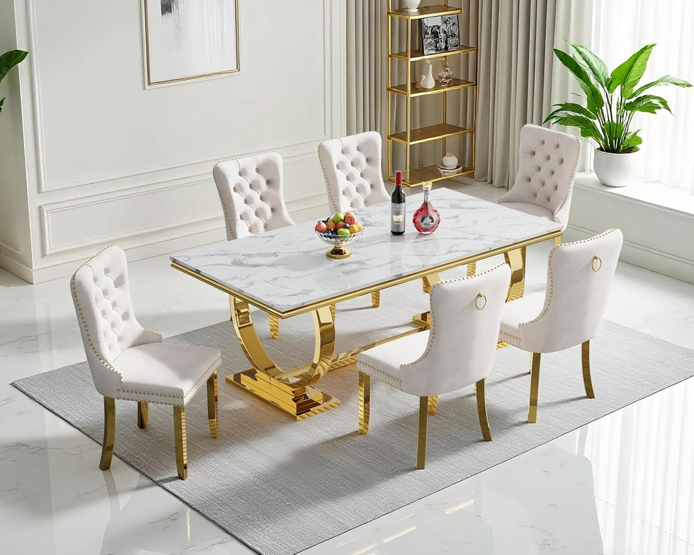 7 Piece Dining Table Set, White Faux Marble Dining Table with 6 Beige Velvet ...