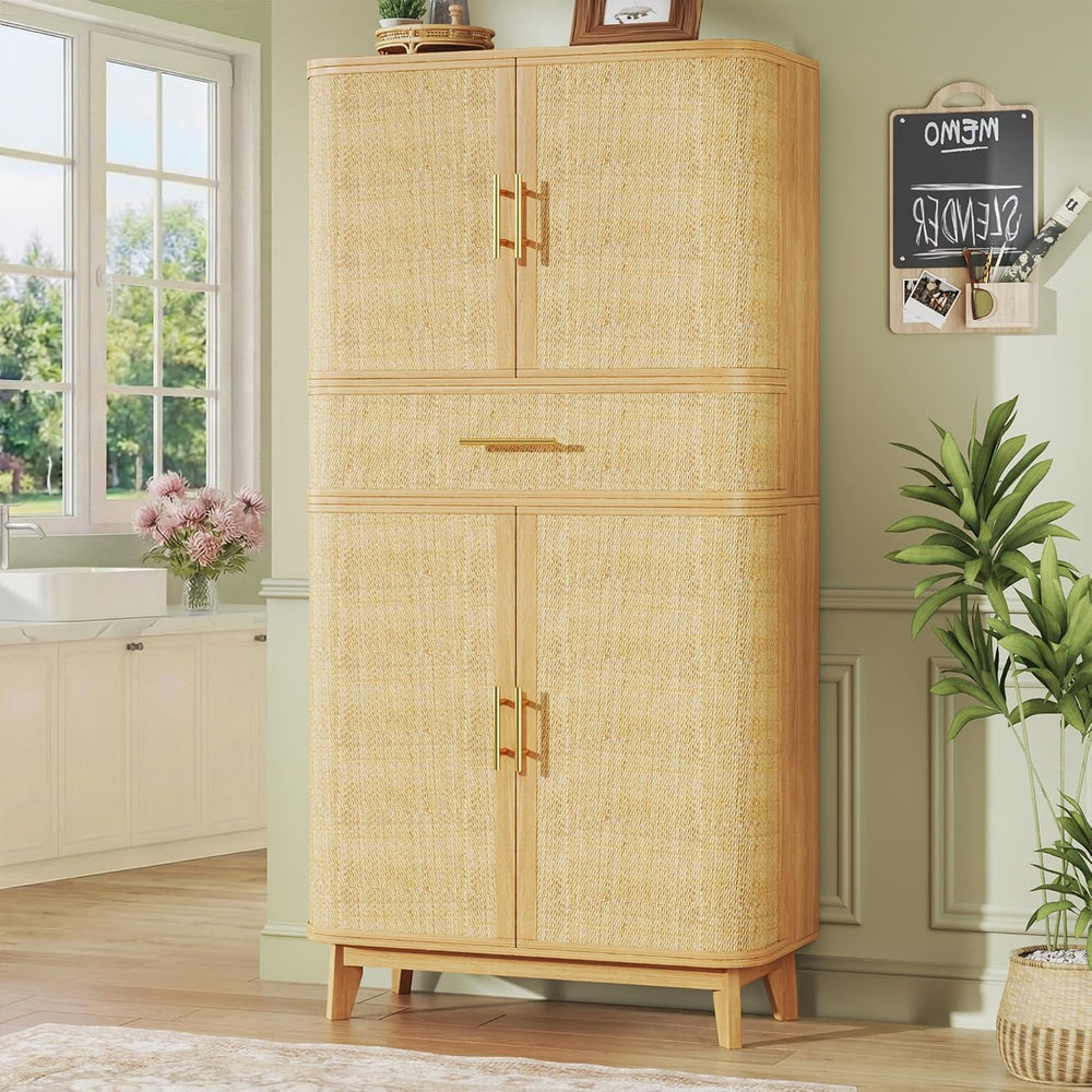 HUAHUU 71" Tall Pantry Cabinet with Curved Rattan Doors, Large Pantry St...