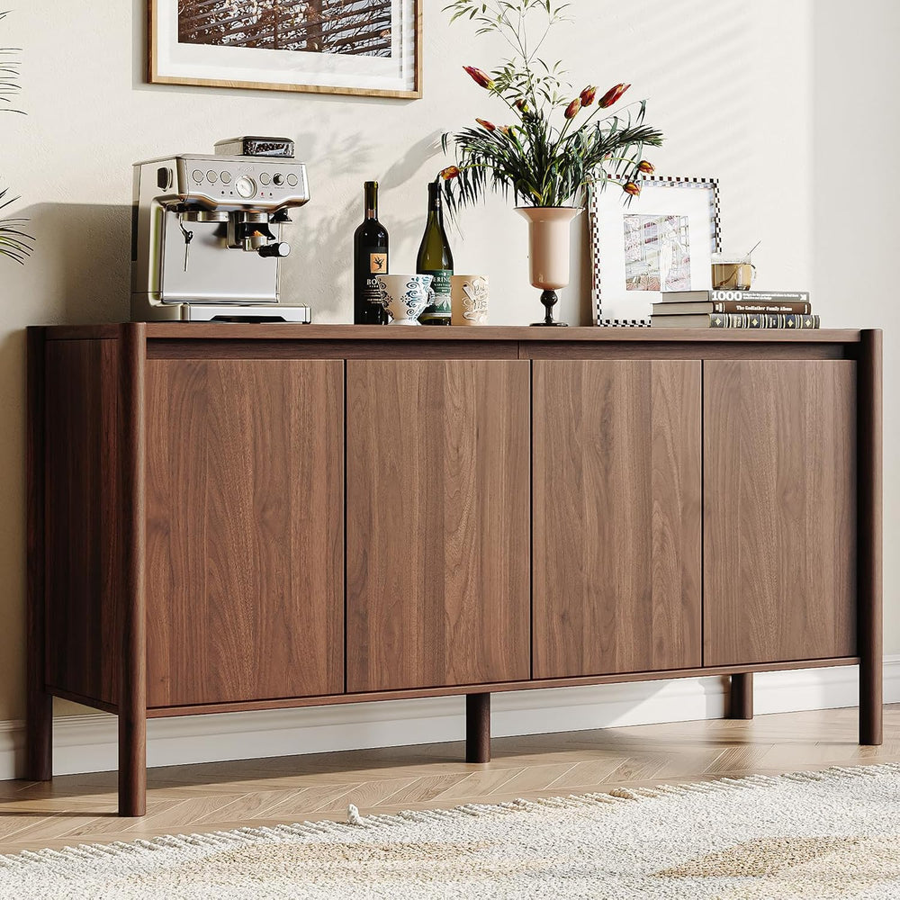 59" Wide Walnut Buffet Cabinet Storage,4 Doors and Adjustable Shelves,So...