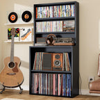 CD Storage Rack, 5-Tier DVD Organizer Shelf with Record Player Stand, Media Cabinet for CDs, DVDs, Albums, Books & Games, Vinyl Record Holder & CD Tower for Living Room, Music Room (Black)