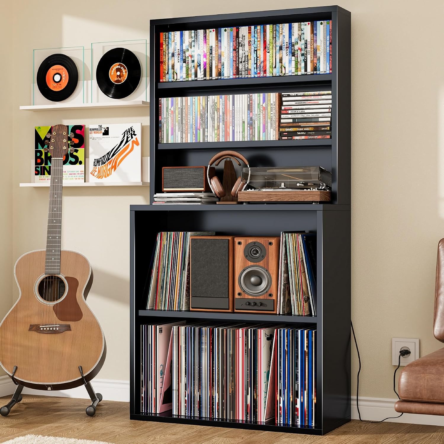 CD Storage Rack, 5-Tier DVD Organizer Shelf with Record Player Stand, Media Cabinet for CDs, DVDs, Albums, Books & Games, Vinyl Record Holder & CD Tower for Living Room, Music Room (Black)