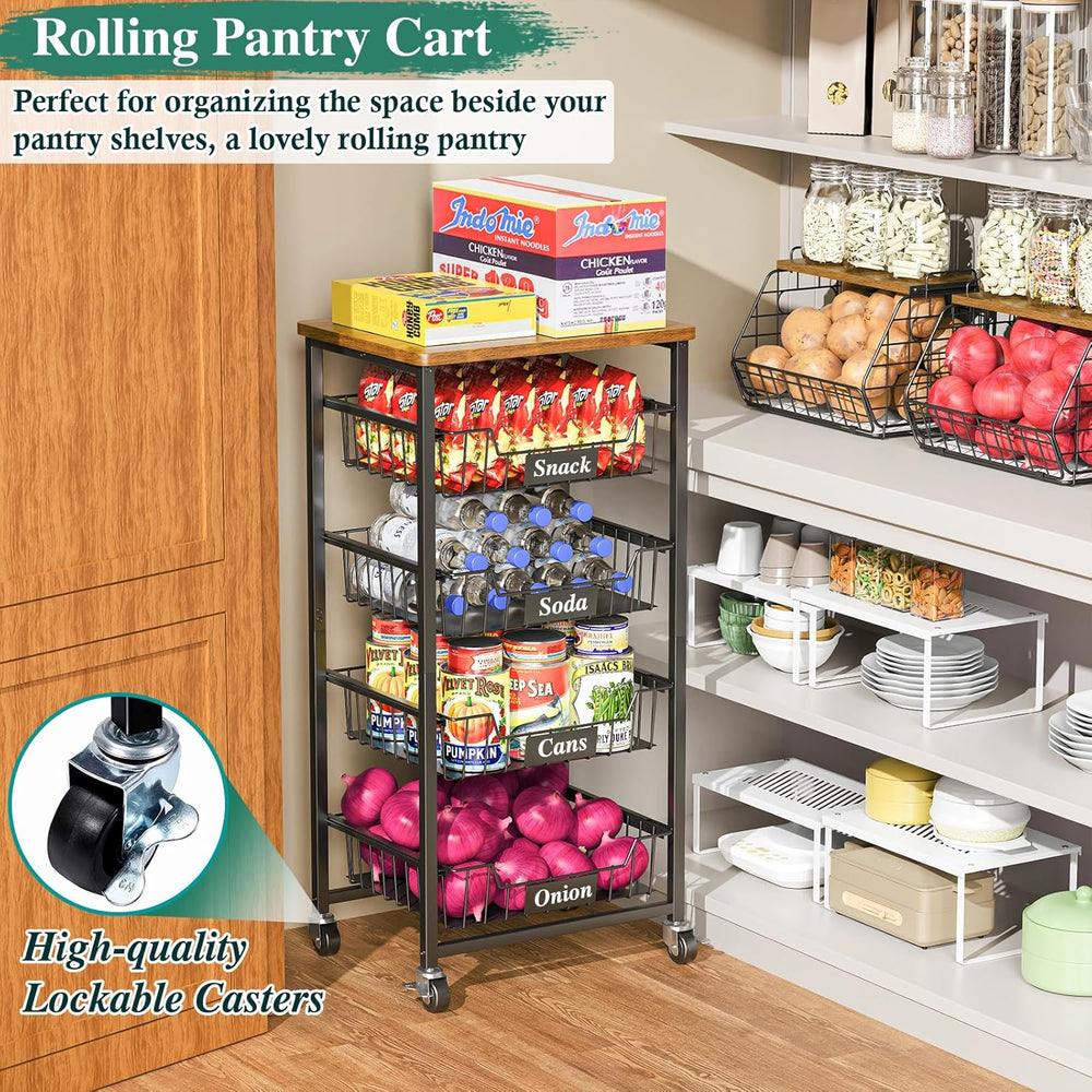 OKZEST Fruit Basket, 5-Tier Utility Kitchen Organizer and Storage Cart with P...