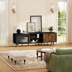TV Stand with Glass Sliding Door, 66” Mid Century Modern TV Cabinet for TVs up to 75 inch, Entertainment Center with Storage Cabinet, Television Console for Living Room, Bedroom, Black