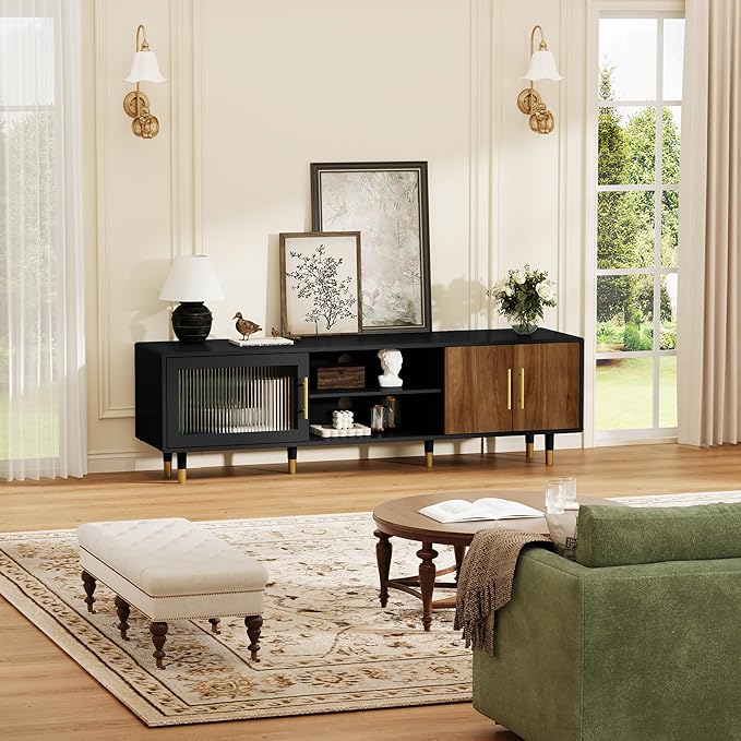 TV Stand with Glass Sliding Door, 66” Mid Century Modern TV Cabinet for TVs up to 75 inch, Entertainment Center with Storage Cabinet, Television Console for Living Room, Bedroom, Black