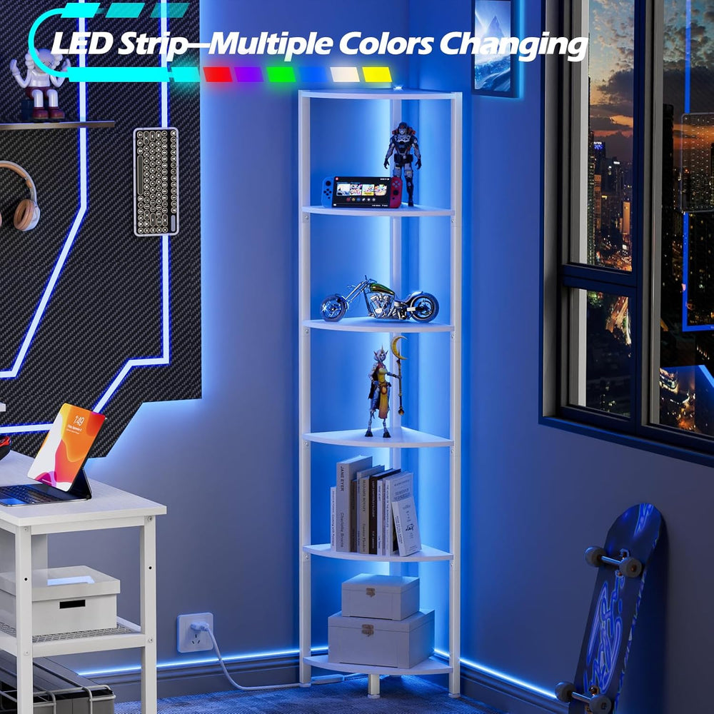 Furnulem 6 Tier Corner Shelf with LED Light, 67.5" White Narrow Bookshel...