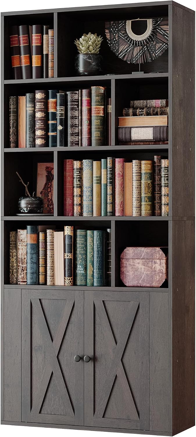 IRONCK 4-Tier Bookcase with Doors, Tall Storage Bookshelf, Charcoal Gray