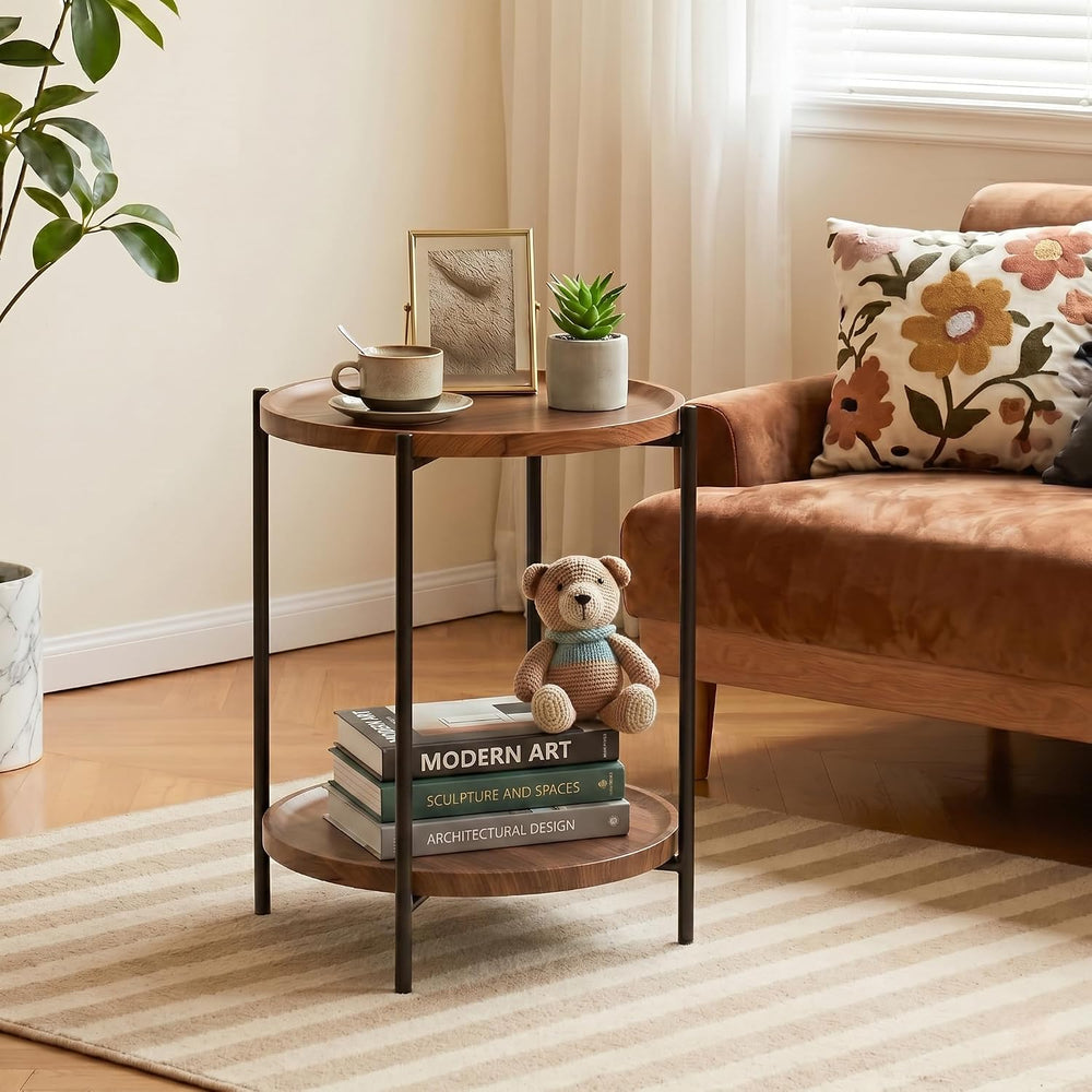 TeoKJ 2 Tier Small Side Table, Folding Round Metal End Table with Two Removab...