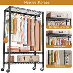 Heavy Duty Clothes Rack Rolling Garment Rack,3 Tier Adjustable Wire Shelving Clothing Racks for Hanging Clothes with Hanger Rod&Side Hooks,Freestanding Wardrobe Storage Rack Metal Portable Closet