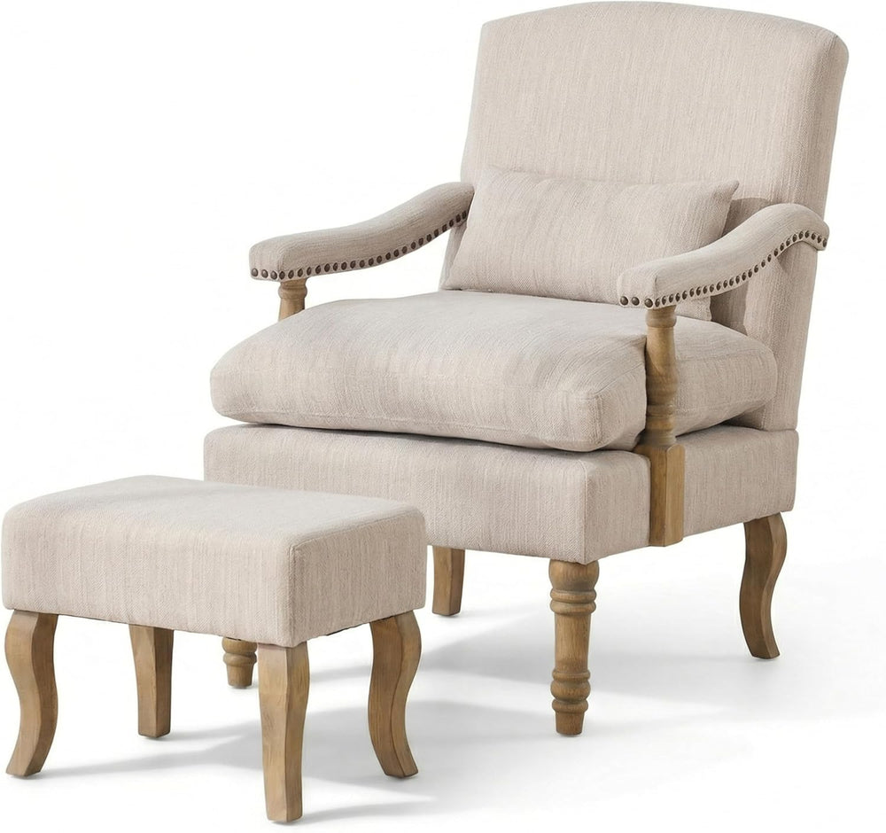 Accent Chair with Ottoman, Farmhouse Upholstered Armchair with Removable Thic...