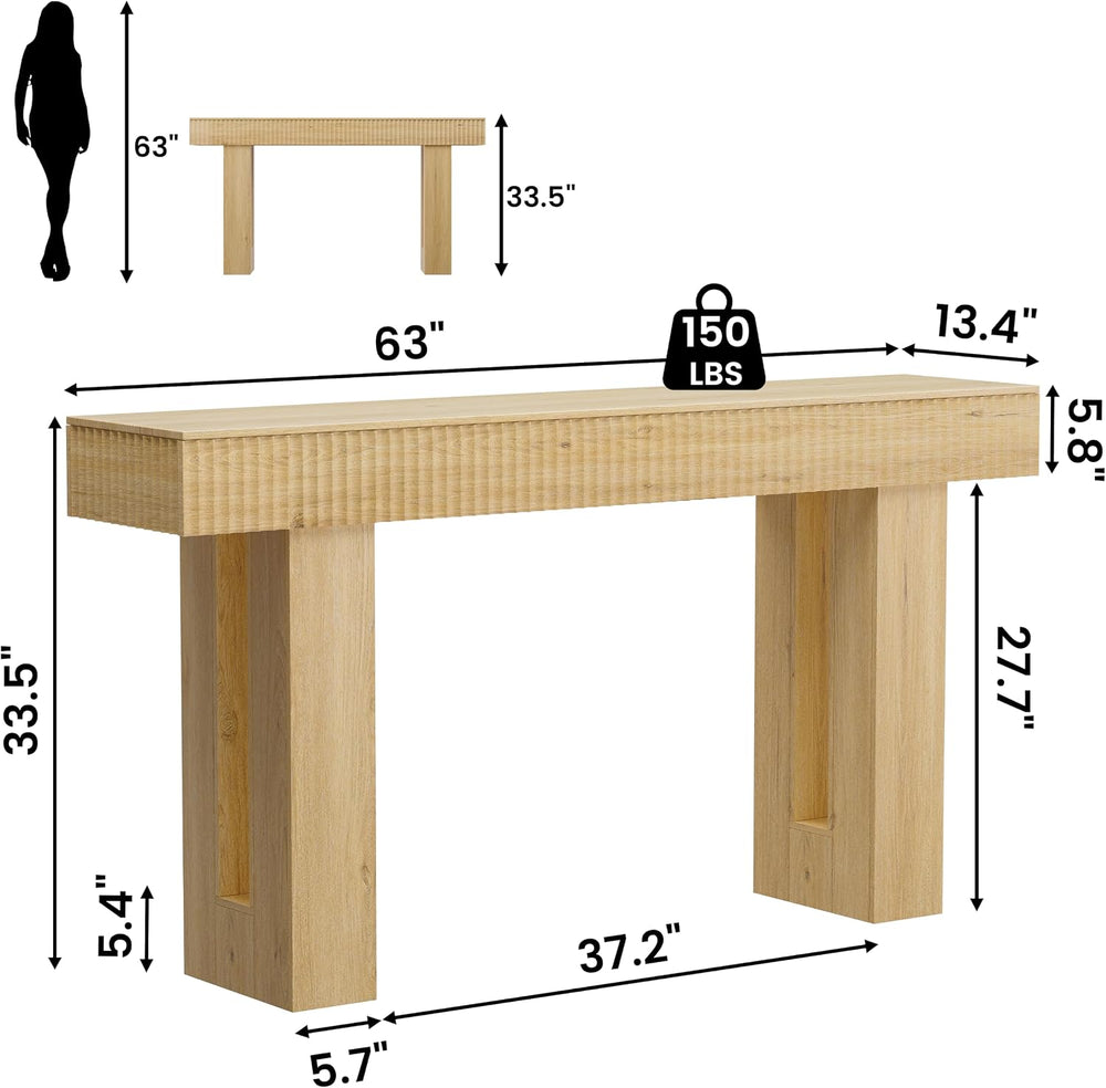 63" Long Console Table, Fluted Sofa Table Behind Couch, Natural Oak | Na...