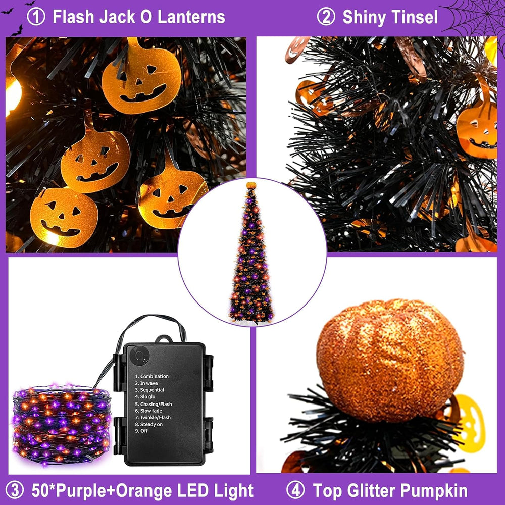 TURNMEON 5Ft Black Tinsel Halloween Tree with Lights Halloween Decorations