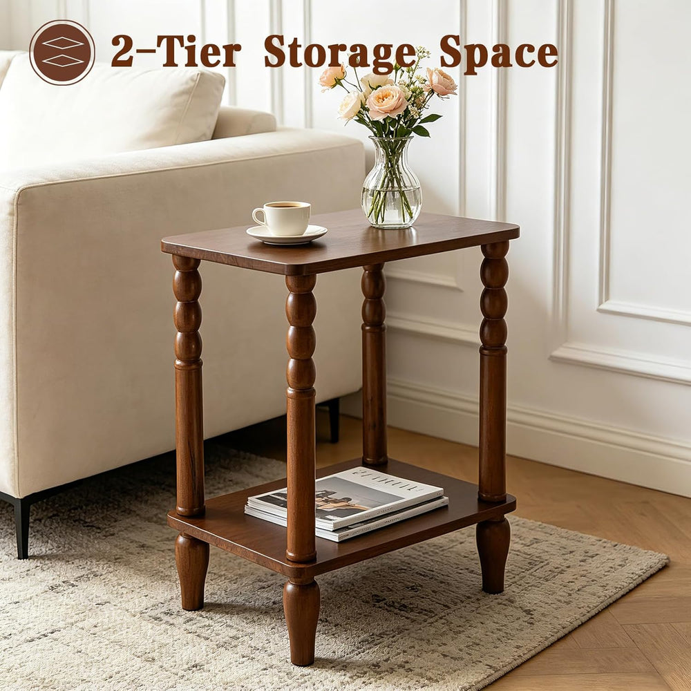 Solid Wood End Table with Storage Shelf, 2-Tier Small Side Table with Vintage...