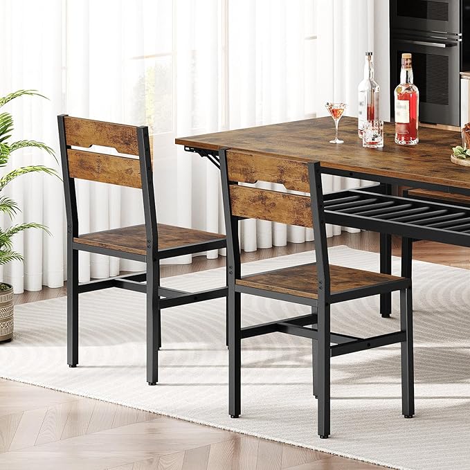 Dining Chairs Set of 2, Rustic Wooden Kitchen Chairs with Backrests and Metal Frame, Modern Farmhouse Dinner Chairs for Kitchen, Easy Assembly, Living Room, Dining Room, Rustic Brown and Black