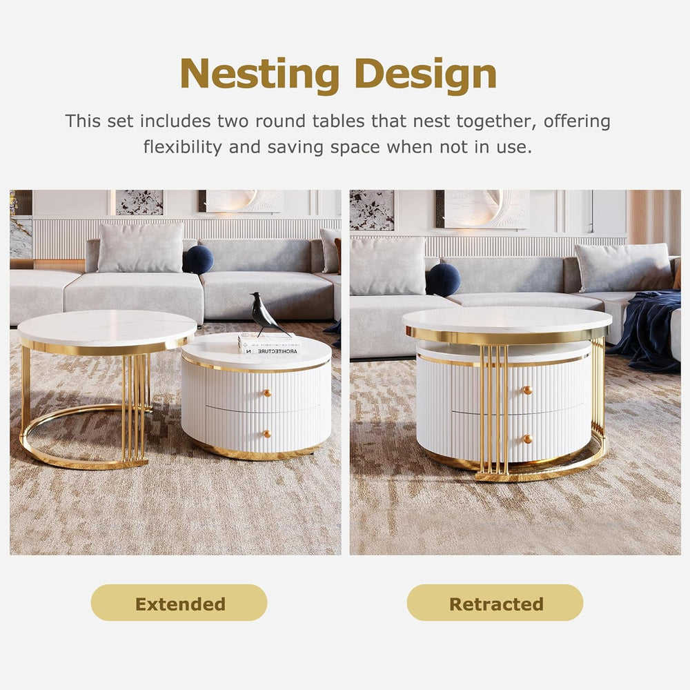 WILLIAMSPACE 27.6" Round Nesting Coffee Table with 2 Drawers, Modern Woo...
