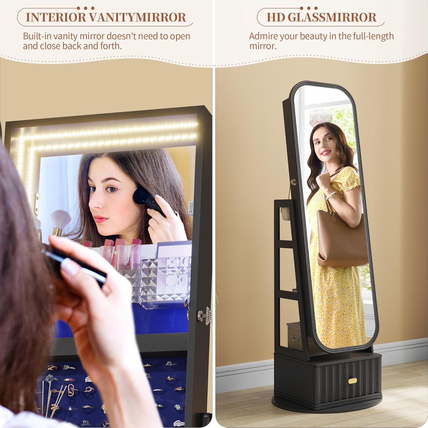 61" Full Length Mirror Jewelry Cabinet with Storage – Rotating, Lockable Jewelry Armoire with Velvet Lining, Standing Organizer for Women – Ideal Gift for Jewelry Storage & Display, Black