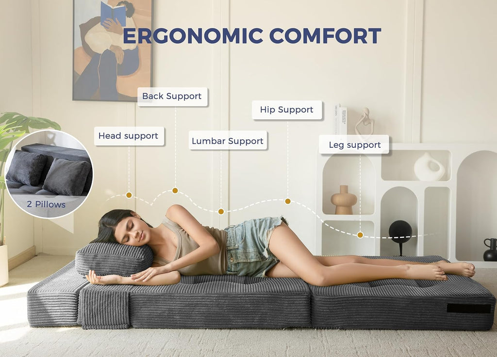 MAXYOYO Convertible Sofa Bed, Fold Out Sofa Couch with Pillow for Adults | Loveseat Sofa 4 in 1 Tufted Folding Couch Bed Foam Floor Couch, Lazy Chair for Living Room Bedroom Guest Room, Dark Grey