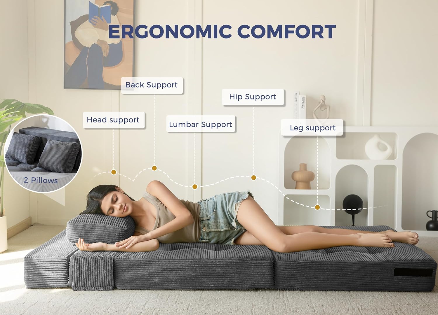 MAXYOYO Convertible Sofa Bed, Fold Out Sofa Couch with Pillow for Adults | Loveseat Sofa 4 in 1 Tufted Folding Couch Bed Foam Floor Couch, Lazy Chair for Living Room Bedroom Guest Room, Dark Grey