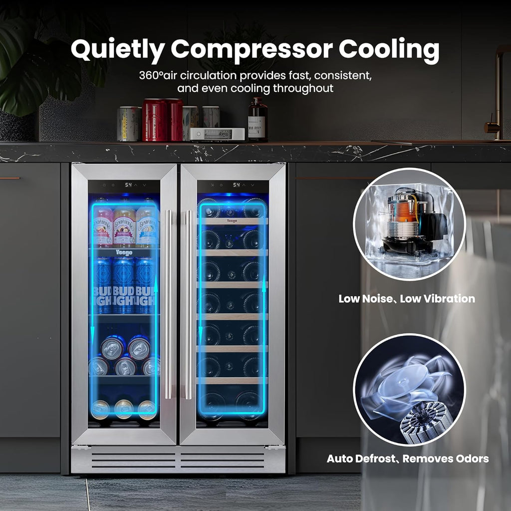 Yeego Wine and Beverage Refrigerator - 24 Inch Dual Zone Wine Fridge 60 Can & 20 Bottle, 36-72°F Cooler Built in Under Counter Fridge with Glass Door for Beer Soda Drink Home Bar Office