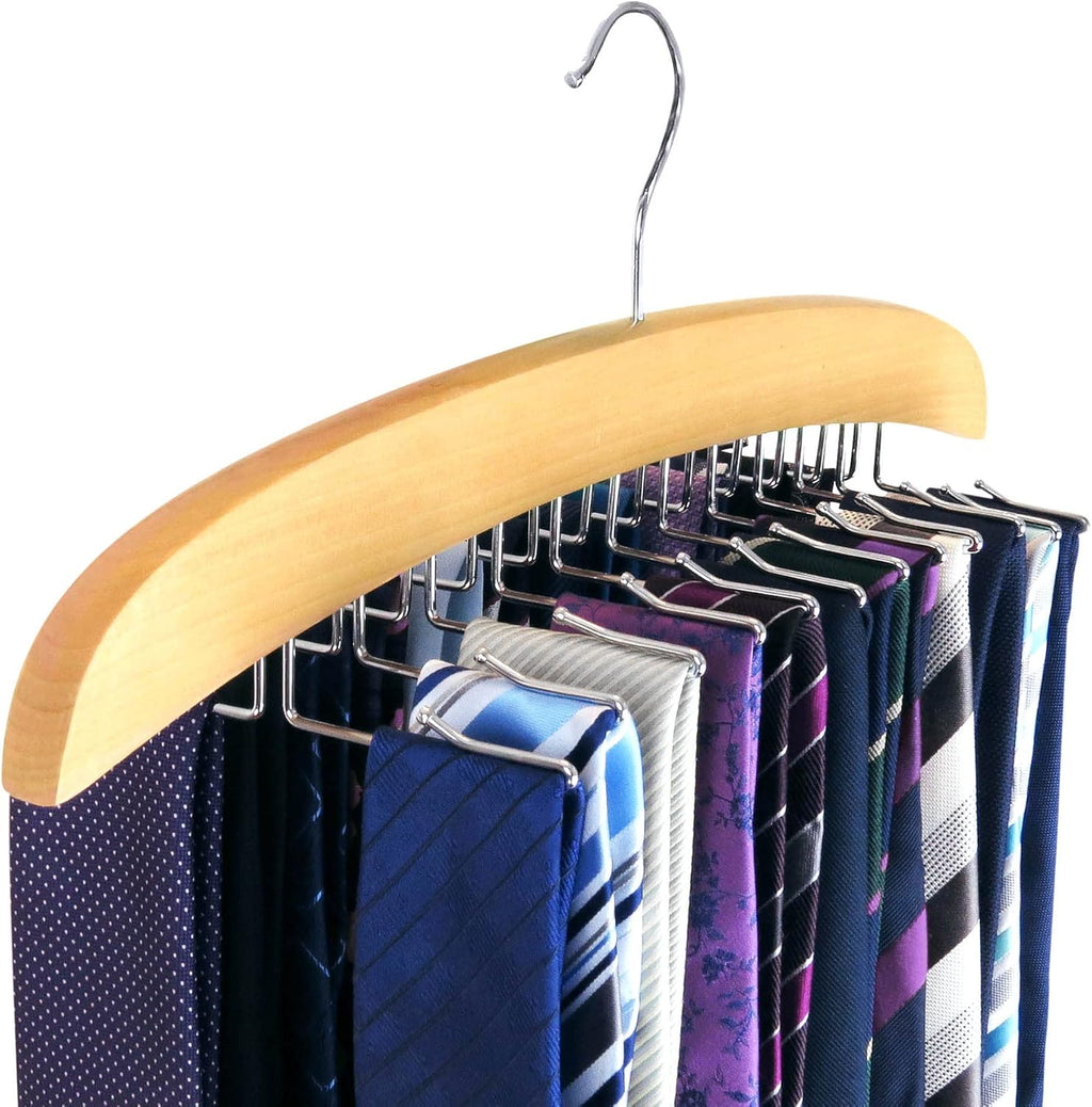 HANGERWORLD Hanging Tie Holder Organizer Rack - Premium Wooden Tie Hanger with 24 Folding Accessory Hooks for Closet Space Saving