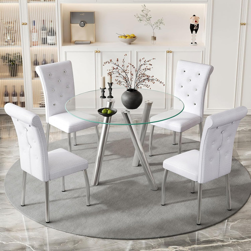 35" Round Dining Table for 4, Modern Round Glass Dining Table with Metal...