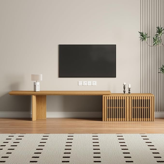 XEW Extendable TV Stand with Storage and Shelves, Wood Entertainment Center for 55+ Inch TV, Modern TV Console, Minimalist Media Console for Living Room, Bedroom-Wood (Extendable: 60.6"-84.3")