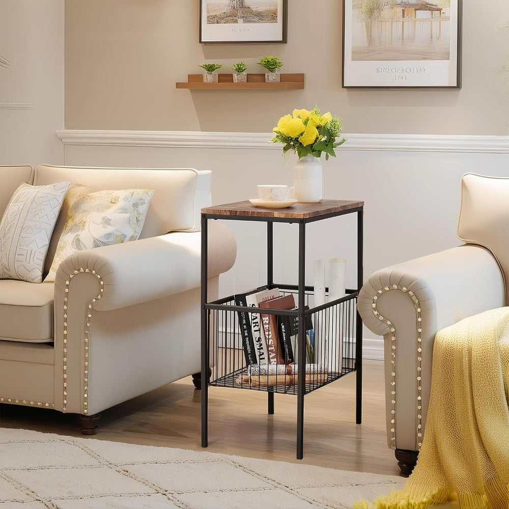 VECELO Tall End Table with Metal Basket,Nightstand with Shelf Storage Organiz...