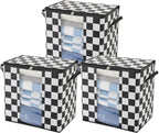 Black and White Checkered Clothes Storage Bins, 100L Large Blanket Storage Bags 3 Pack, Closet Organizers and Storage Containers for Comforters, Bedding, Foldable Organizer with Handle