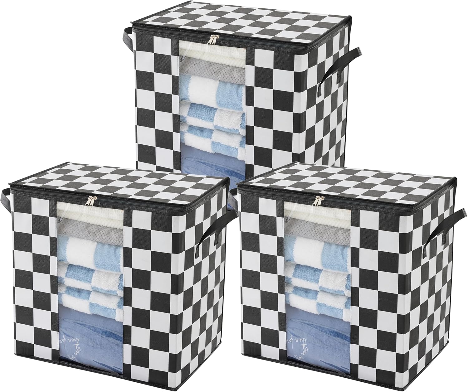 Black and White Checkered Clothes Storage Bins, 100L Large Blanket Storage Bags 3 Pack, Closet Organizers and Storage Containers for Comforters, Bedding, Foldable Organizer with Handle