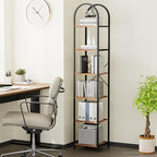 Homhedy 6-Tier Narrow Bookshelf Arched Display Racks, Wood and Metal Bookcase, Tall Bookshelf, Industrial Display Standing Shelf Unit, for Home Office, Living Room, Bedroom, Bathroom